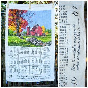 VTG 1981 Country Farm Red Barn & Stone Wall Calendar Towel Birthday Anniversary